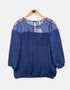 Navy Blue Lace Yoke Blouse with 3/4 Sleeves